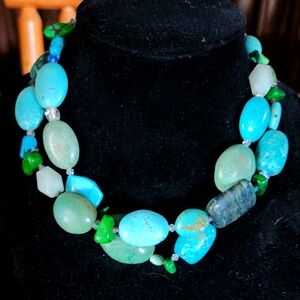 Turquoise and Green Beaded Chunky Statement Necklace.